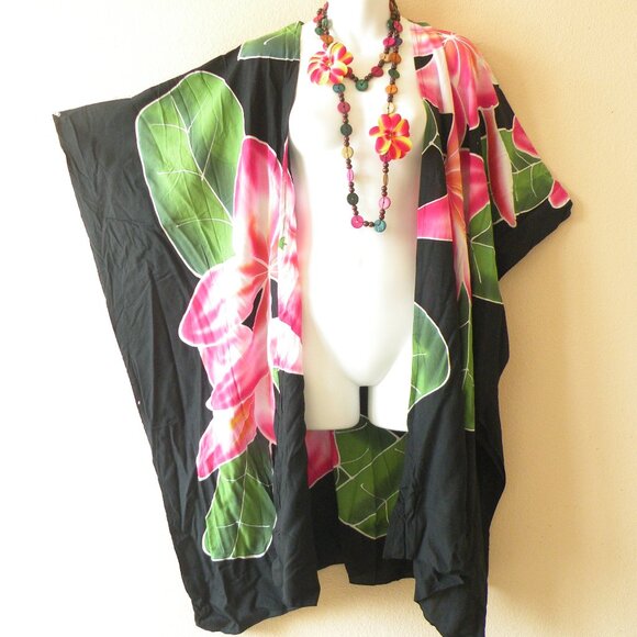 CM39 Floral Batik Plus 38" Open Hand Painted Cover Up Midi Cardigan fit up to 5X - Picture 1 of 2